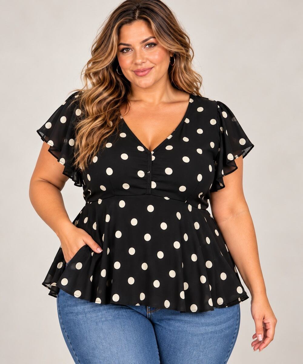 Torrid Black/White Polka Dot Ruffle Flutter Short Sleeve V-Neck Top 2X Polyester